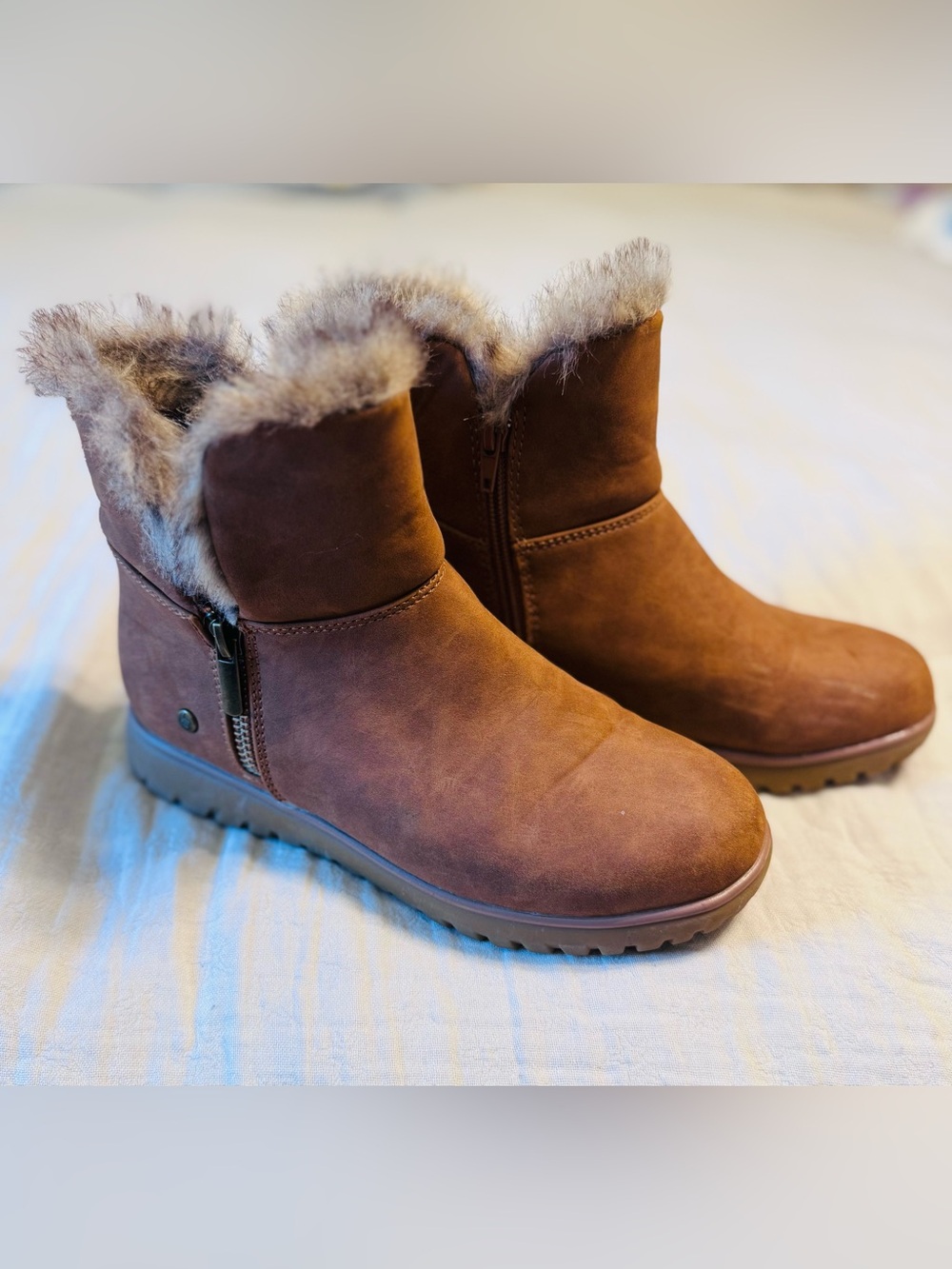 London Fog Whiteout Faux Fur Ankle Boots Brown Women’s 6M Side Zip